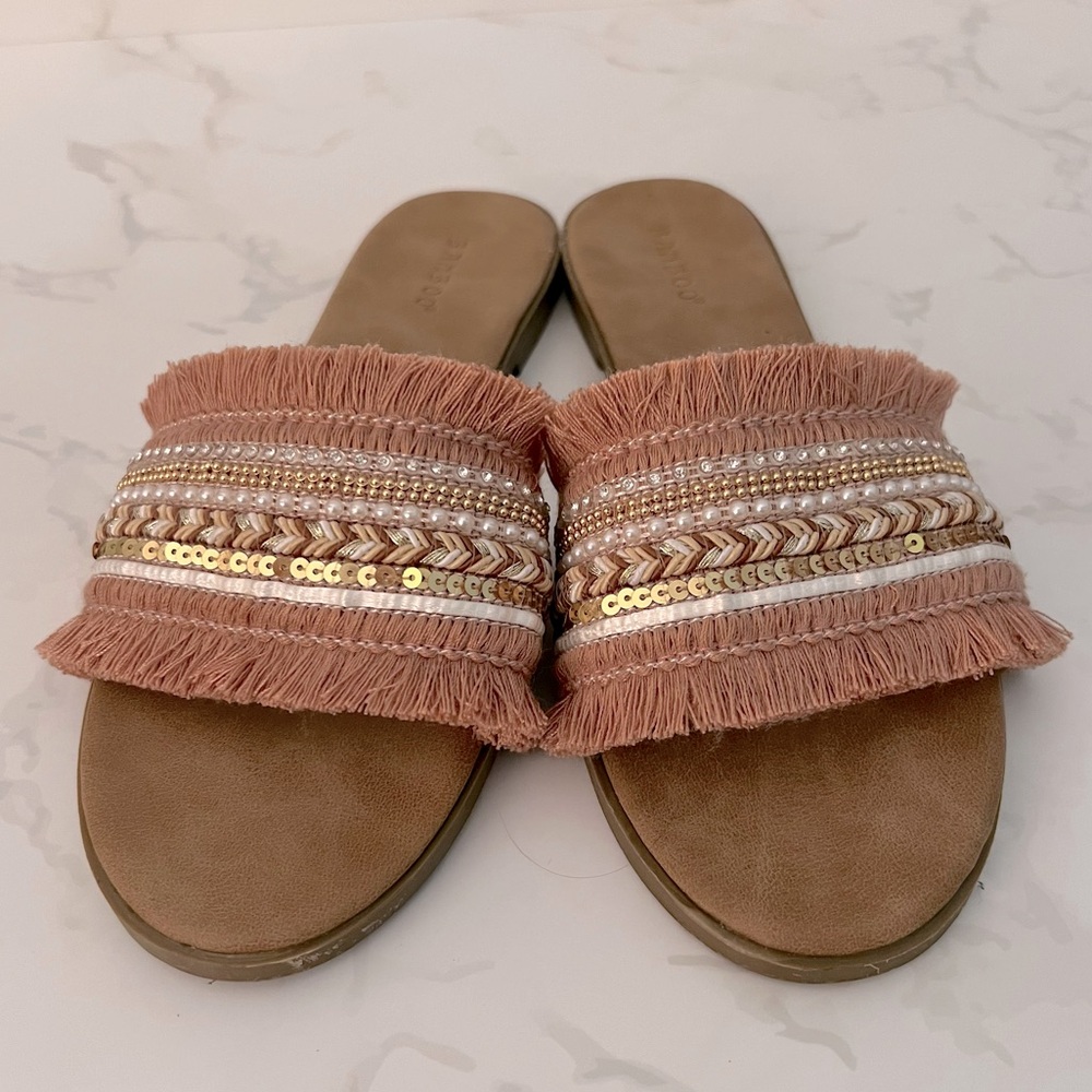 Like New Pink Fringe Pearl Sequin Boho Slide Sandals - Picture 3 of 10